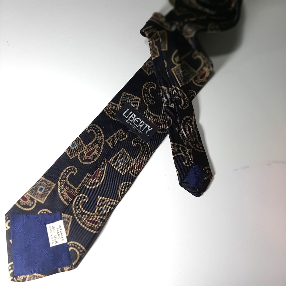 Liberty of London Mens Silk Tie Navy Blue Gold Paisley Geometric Made in USA - Picture 7 of 7